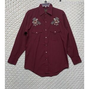 Plains Western Shirt Mens S Burgundy Long Sleeve‎ Pearl Snap Embroidered Eagles